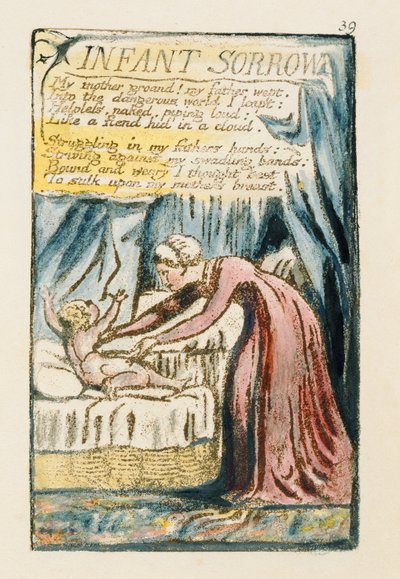 „Infant Sorrow”, 39. lemez (Bentley 48) a „Songs of Innocence and of Experience”-ből (Bentley Copy L) 1789-94 (domborműves metszet tollal és WC-vel) alkotó: William Blake
